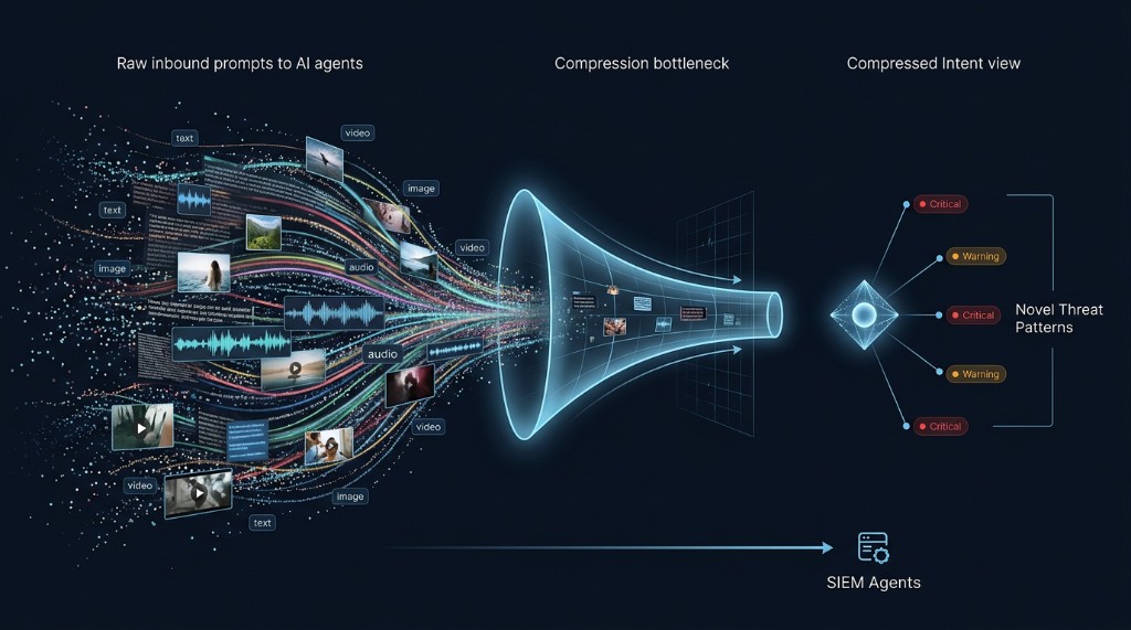 Raw inbound prompts compressed into a unified intent view across all agents, surfacing novel threat patterns without a SIEM or data lake